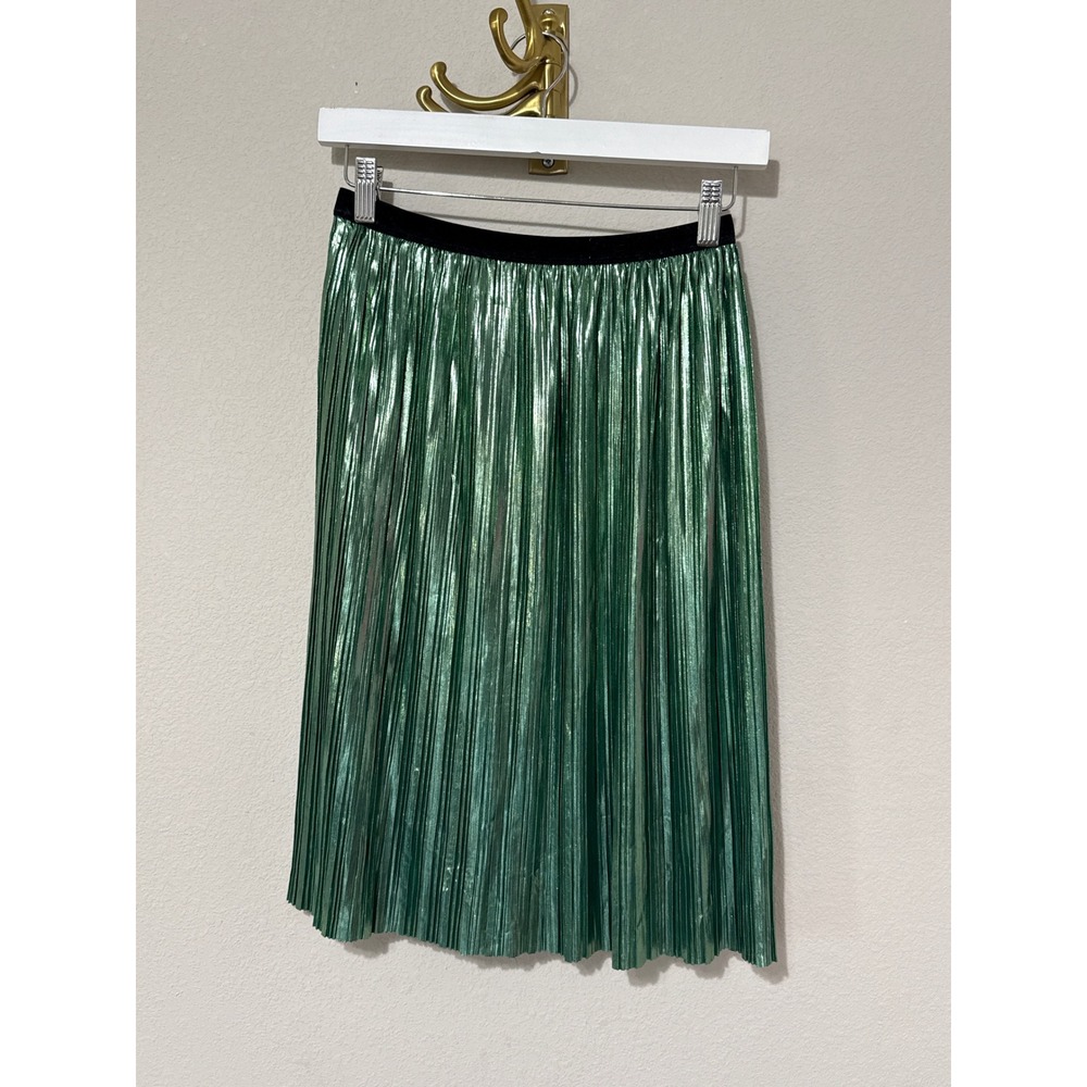 Zara Pleated Skirt Girls Size 13/14 Green Metallic Accordion Midi Holiday